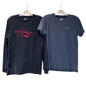 Lot of 2 Men's Hollister T-shirts Black Long Sleeve Blue Stripe Short, Size Sm